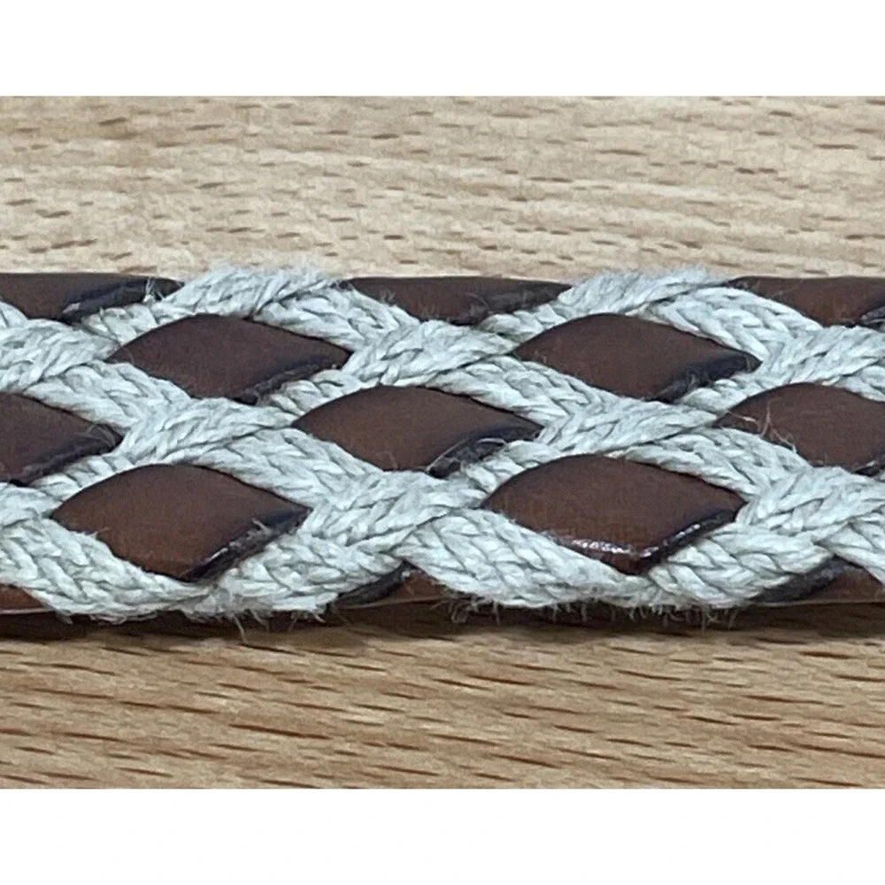 Trafalgar Mens Woven Belt 44 Brown Leather Jute Rope Casual‎ Brass Buckle USA